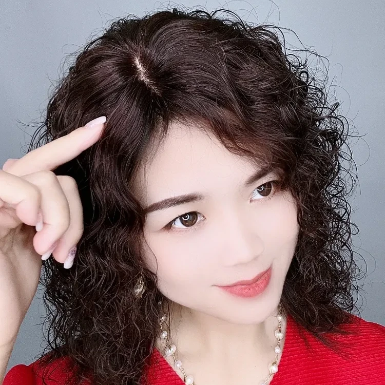 隐形卷发补稀疏中年妈妈款真人发丝蓬松头顶遮白发手织补发片