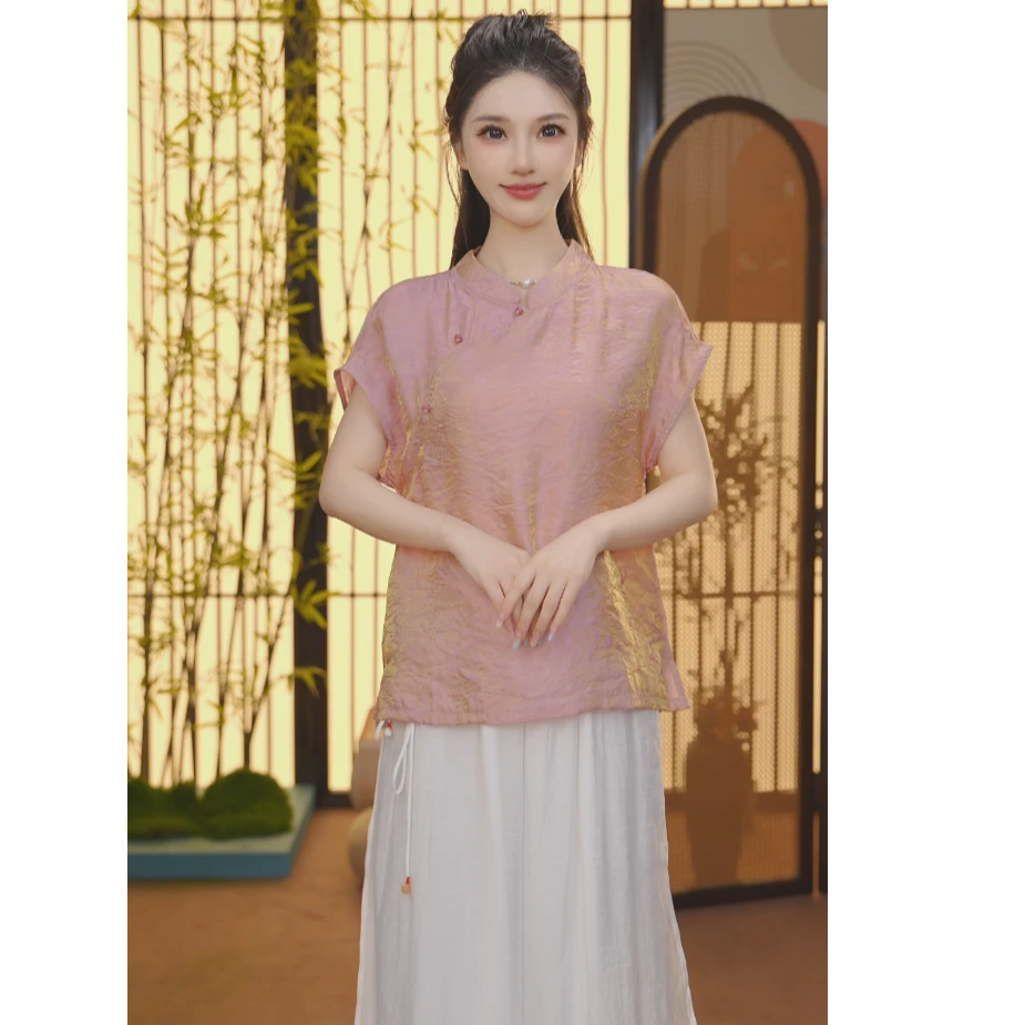 【异罗】新中式2025夏季气质百搭提花立领短袖上衣女FB2505303