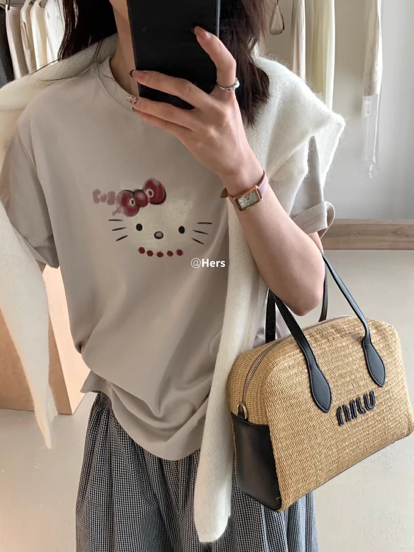 宽松型常规猫咪通勤短袖休闲T恤女士印花