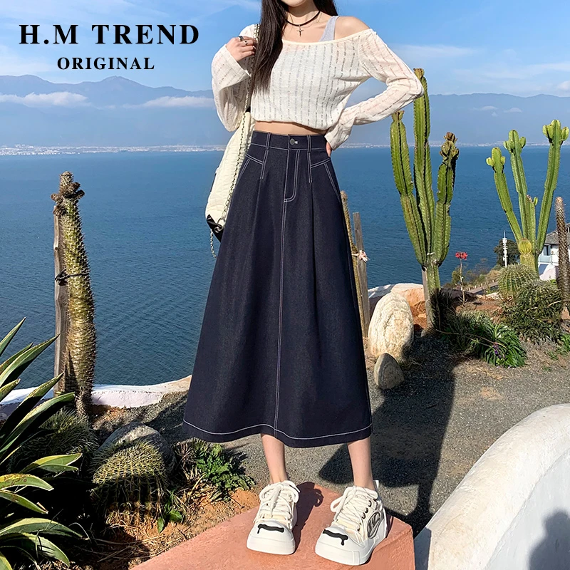 燕苹春夏季休闲复古百搭高腰长款松紧带薄款纯色A字牛仔长裙Q6006