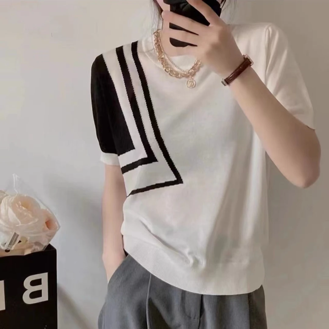 夏季竹节纱圆领几何撞色宽松百搭针织短袖女时尚上衣1101