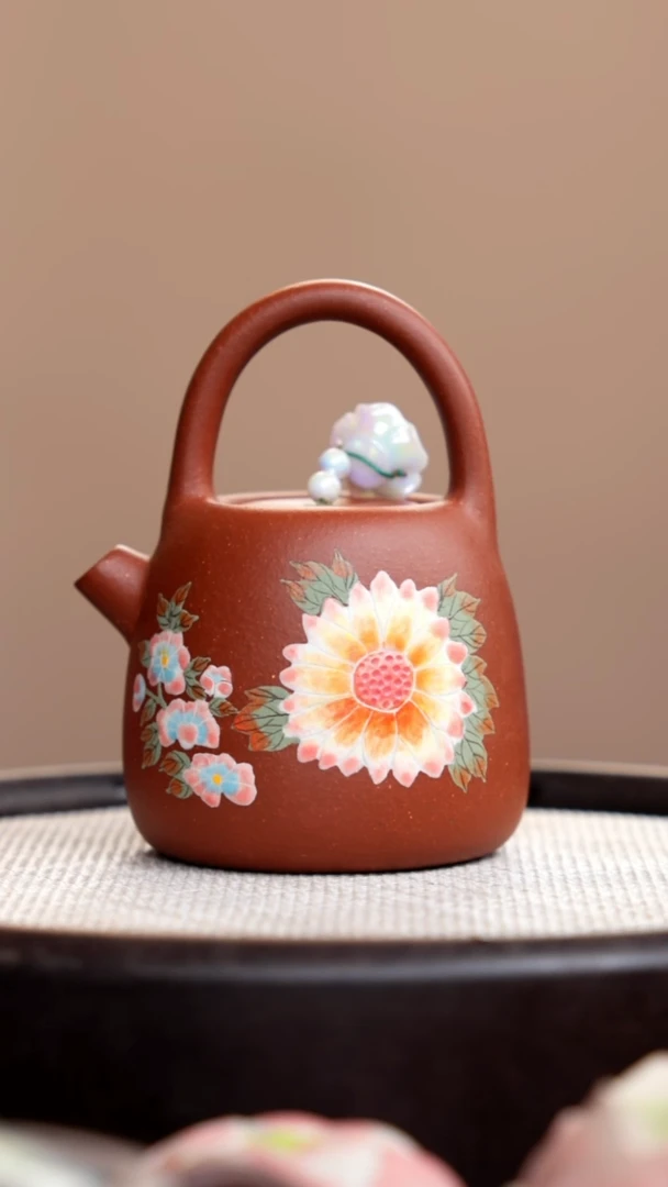 茶壶紫砂降坡泥提梁小肩包泥绘花010
