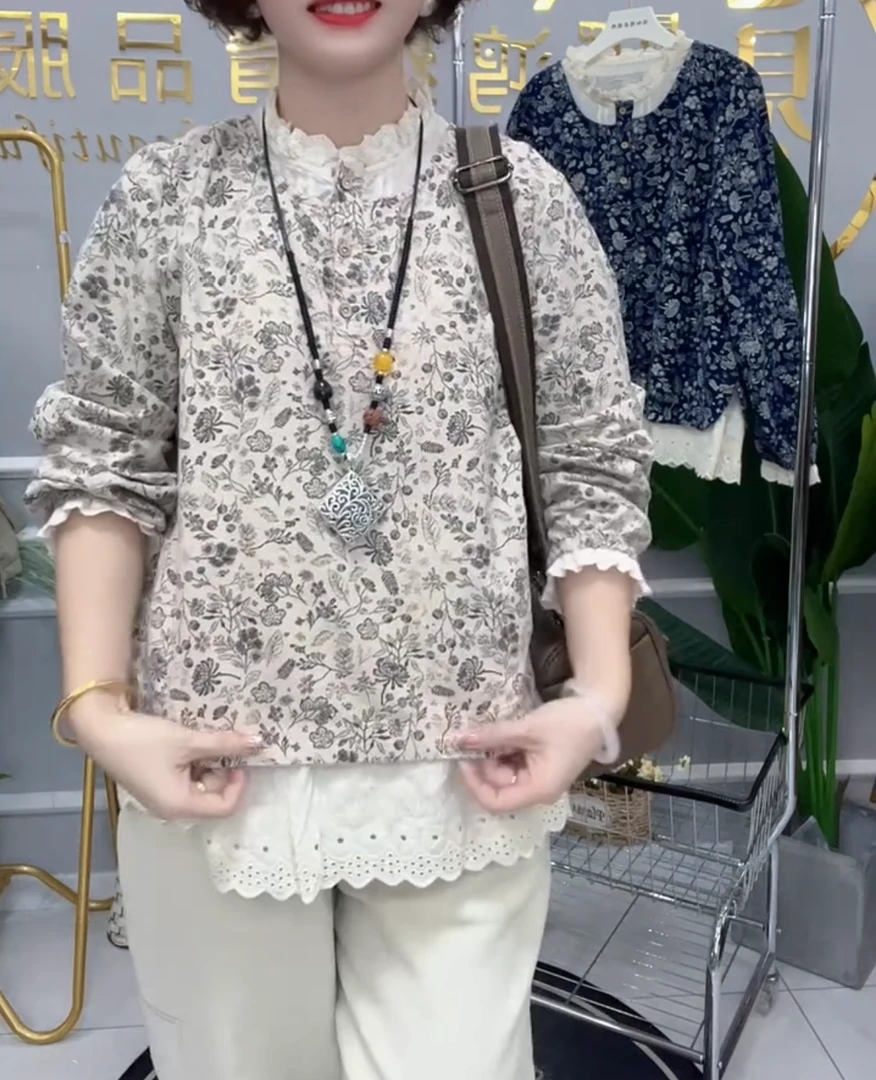 2025秋冬新款法式重工磨毛碎花蕾丝花边假两件女衫宽松显瘦