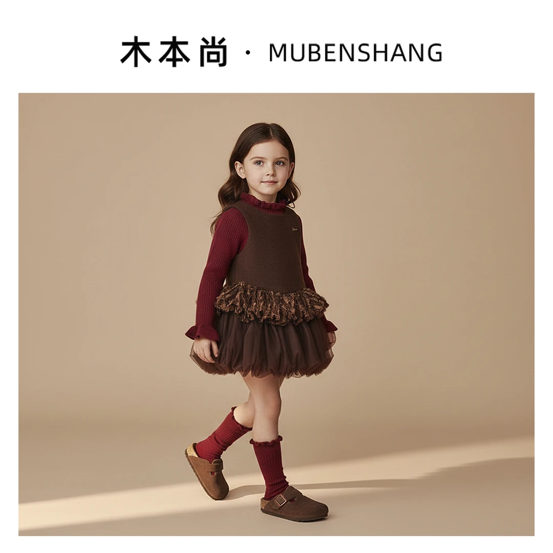 木本尚女童呢子连衣裙秋冬重工英式学院风连衣裙网纱宝宝过年拜年