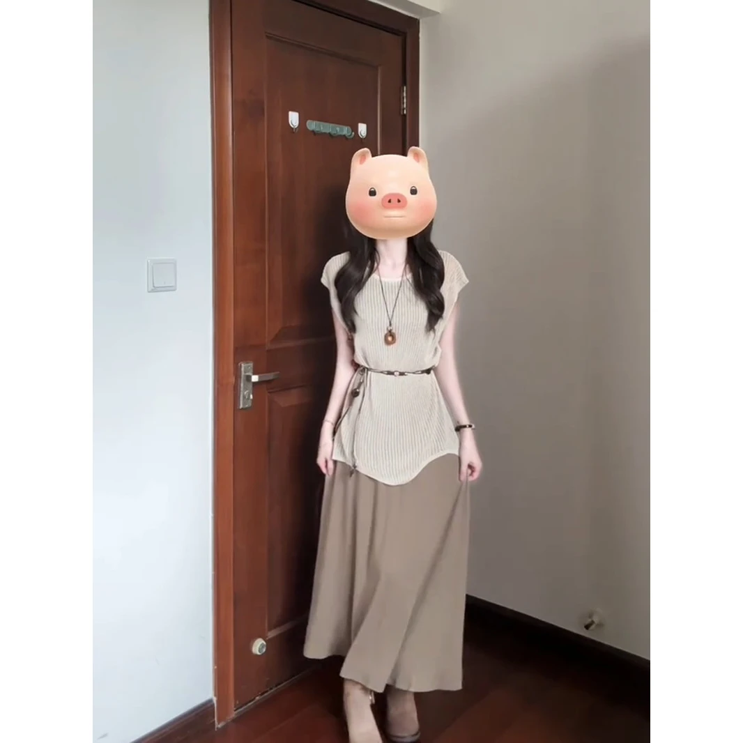 高级感无袖连衣裙套装女夏新款镂空防晒罩衫显瘦韩版背心裙两件套