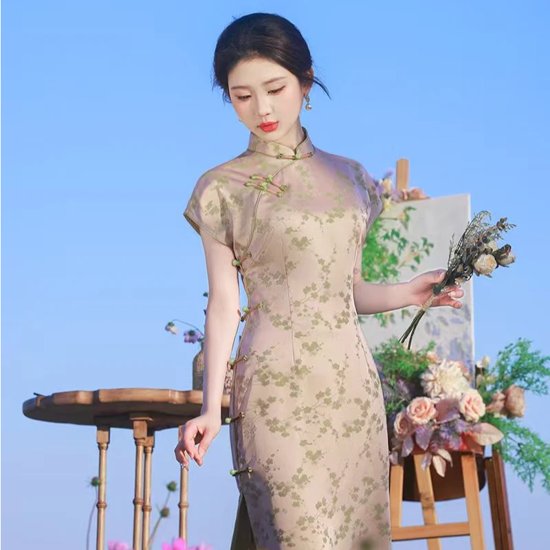 新款2025粉色气质优雅中国风复古长款旗袍日常高级修身显瘦