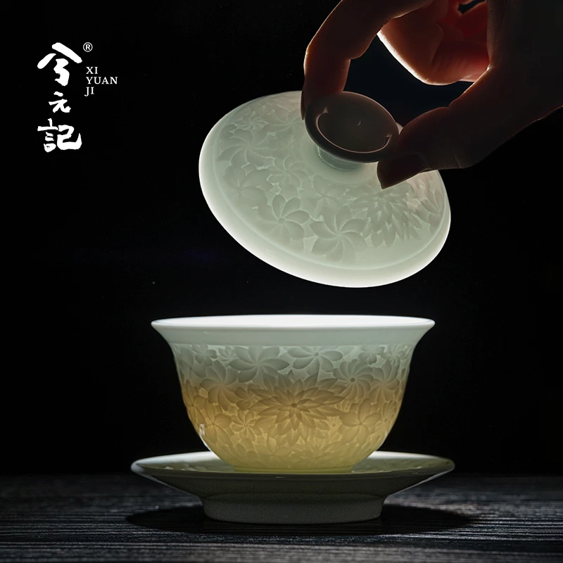 影青浮雕三才盖碗茶杯单个高档陶瓷泡茶碗带盖家用功夫茶具三件套