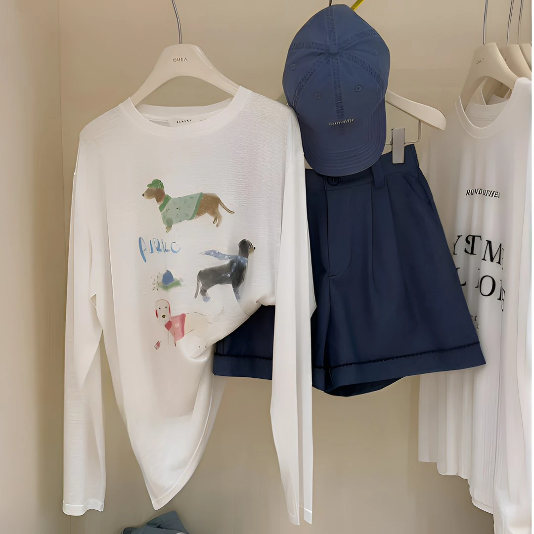 日系轻薄宽松减龄卡通慵懒风舒适休闲罩衫上衣夏季印花长袖T恤女