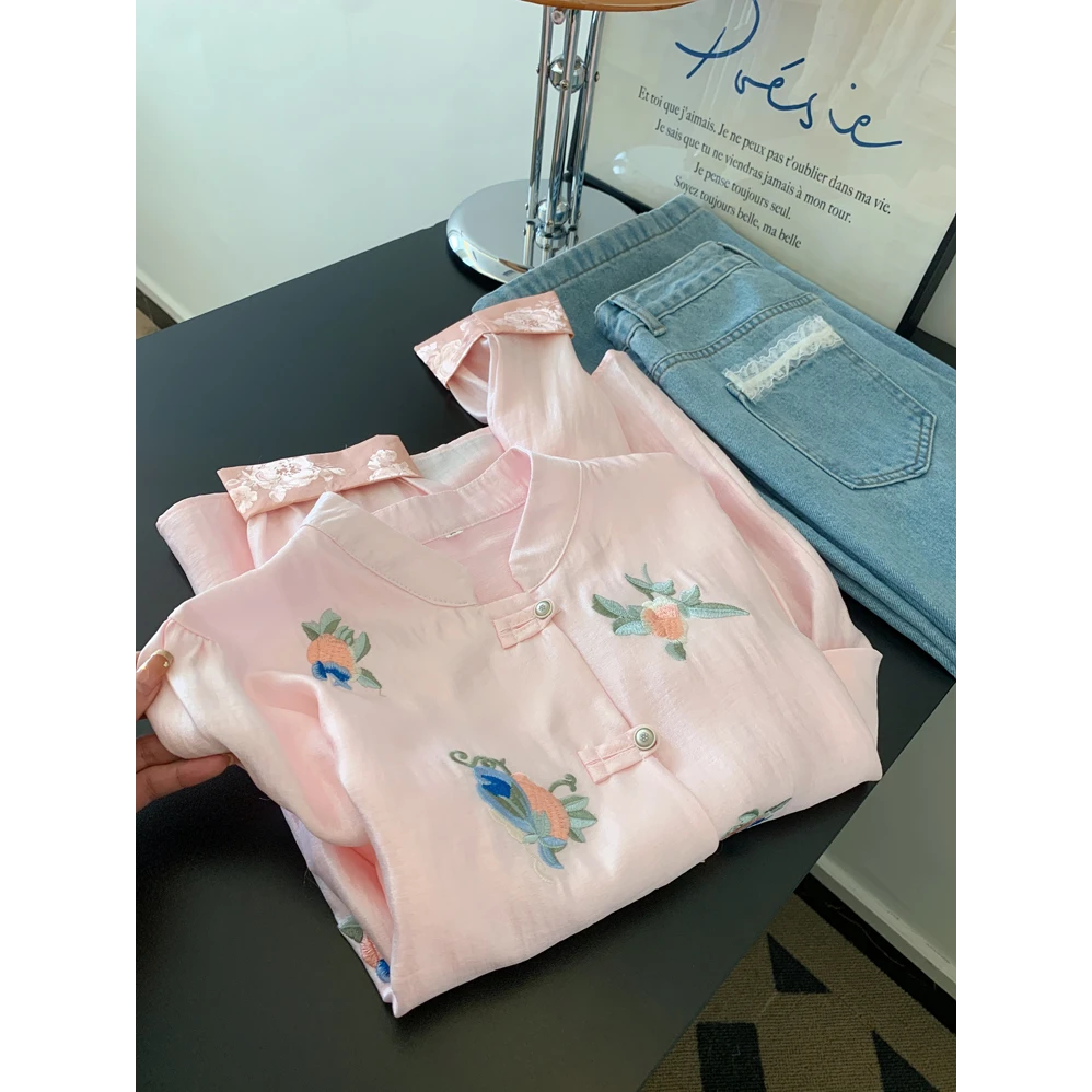 新中式刺绣复古百搭粉色长袖衬衫女款衬衣外穿高级感气质甜美上衣