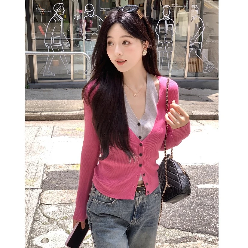 韩系树莓粉v领挂脖假两件针织开衫女秋季设计感毛衣拼接长袖上衣