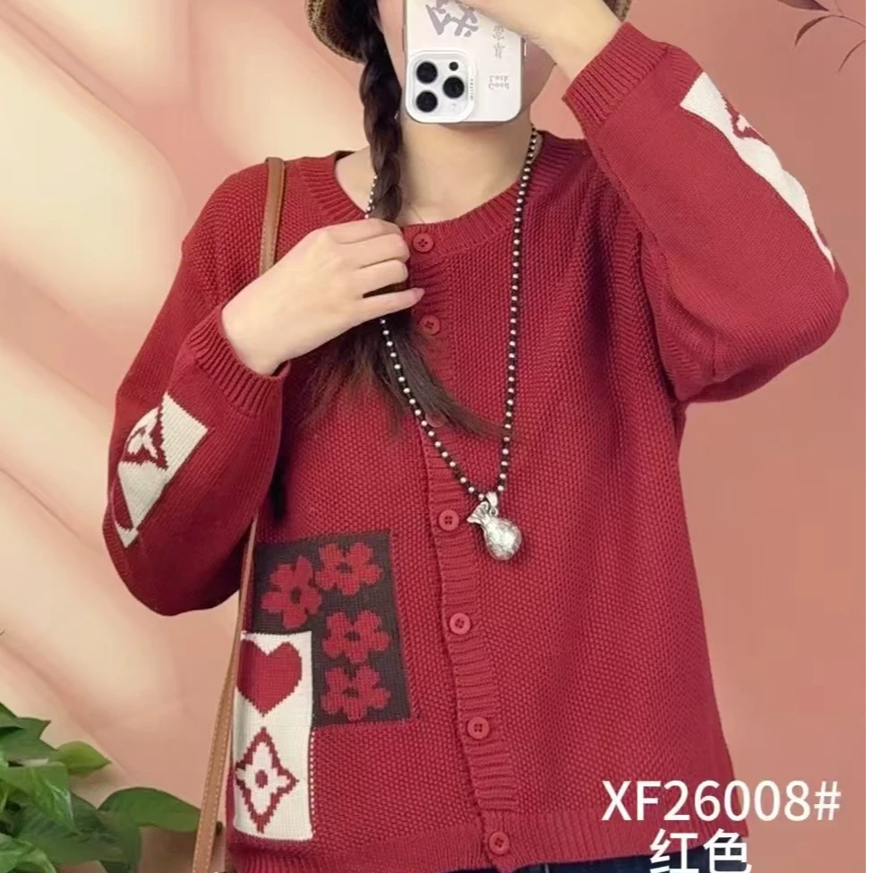 2025新款春秋女装长袖网红印花毛针织衫休闲宽松型气质宽松26008