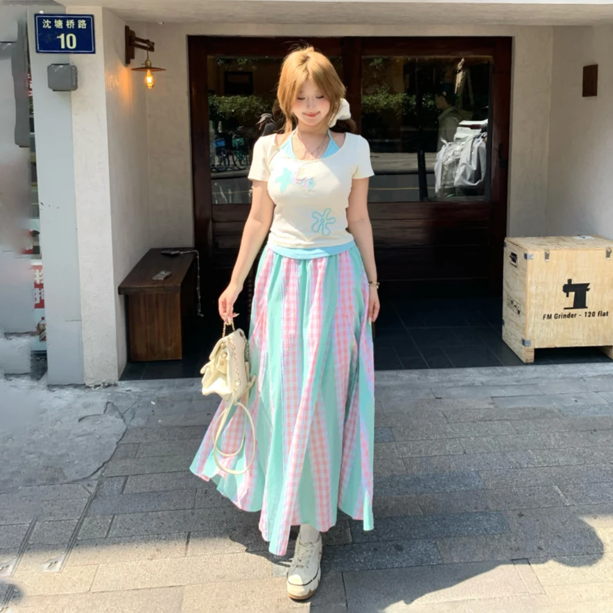 安妮不火【汽水星屑】小众设计感撞色挂脖T恤格纹半裙套装A251T0089