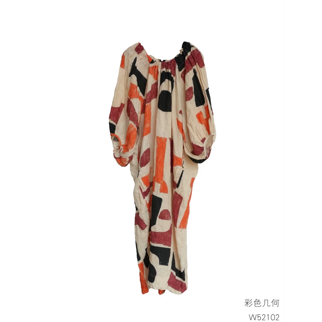 万物身客 几见W52102 春夏百分亚麻长袍连衣裙复古风印花圆领宽松