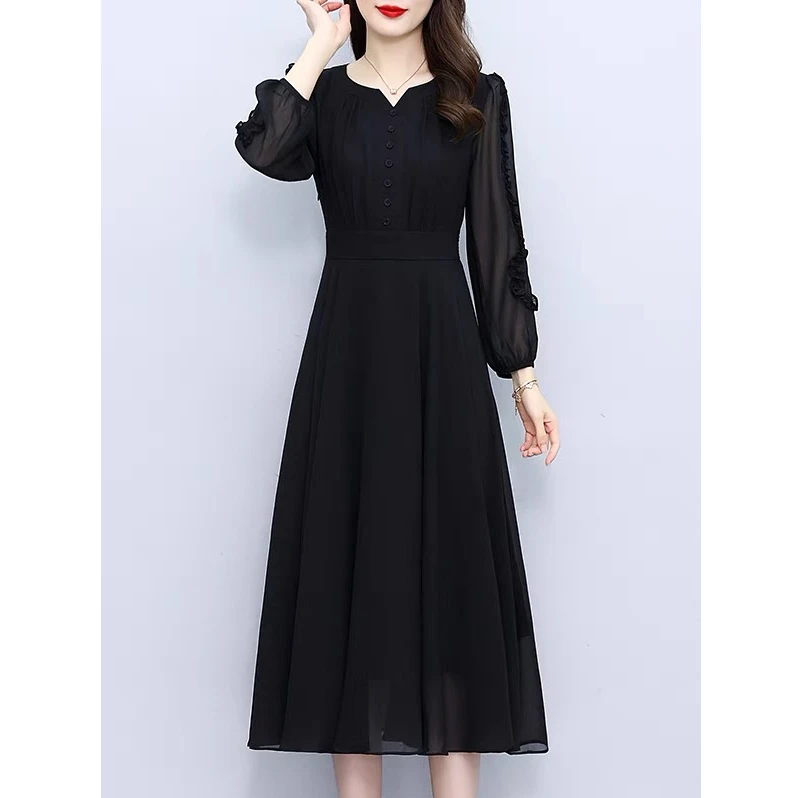 V领长裙女装春季流行单品2025年新款轻奢高级感黑色连衣裙D3009