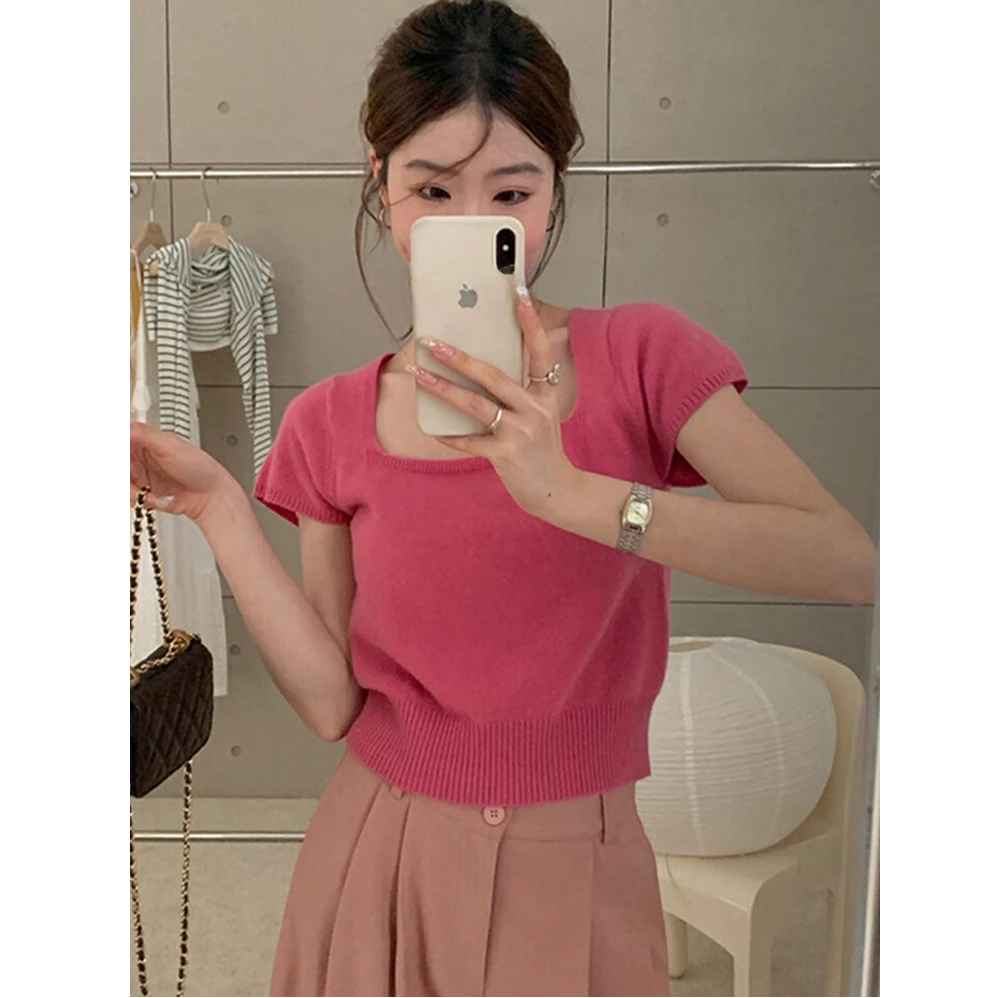 【破价秒发】纯色方领正肩短袖T恤女夏季薄款织衫修身短款上衣1151#