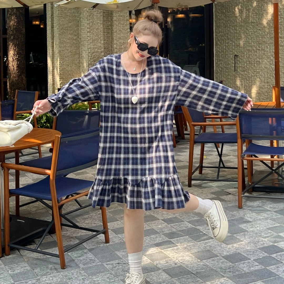 媛子大码格子拼接连衣裙新款森系韩版时尚气质显瘦洋气ins风