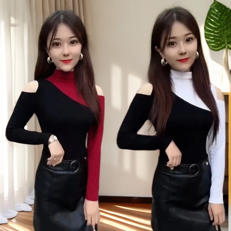 露肩t恤女长袖2025秋装新款修身内搭小心机设计感洋气上衣打底衫