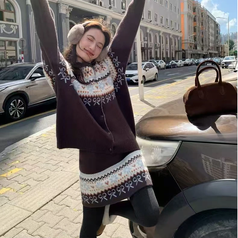 费尔岛提花针织开衫上衣半身裙两件套女25年秋冬新款复古时尚套装