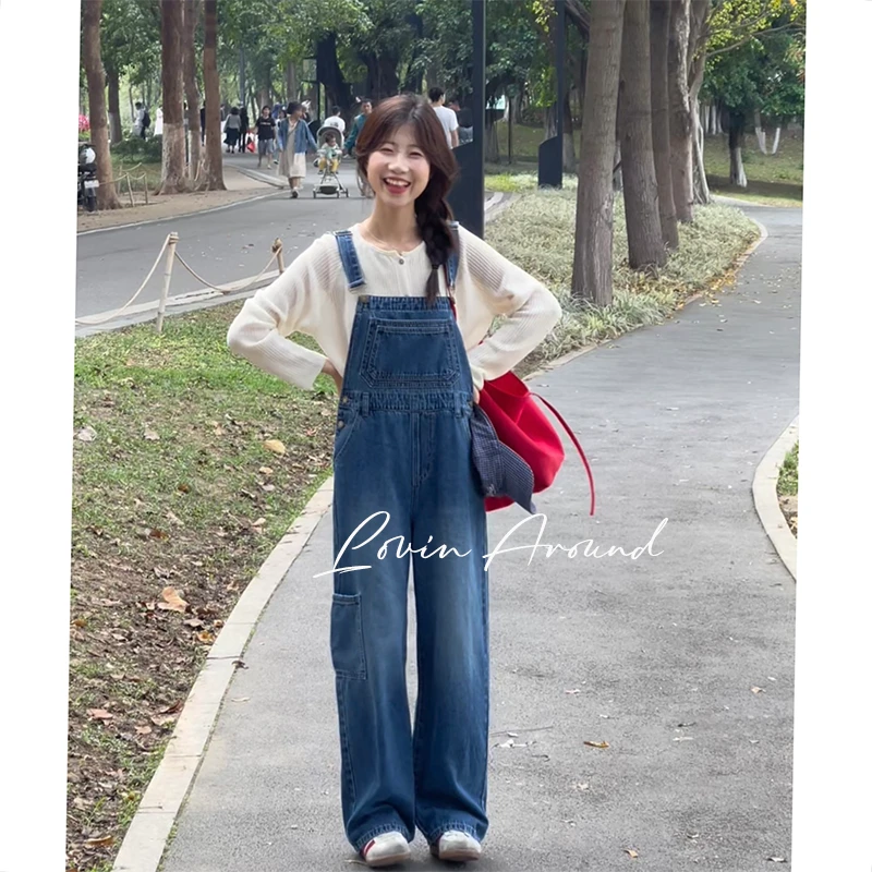 WANZI-9115怀旧蓝牛仔背带裤女连体裤显瘦显高长裤阔腿裤