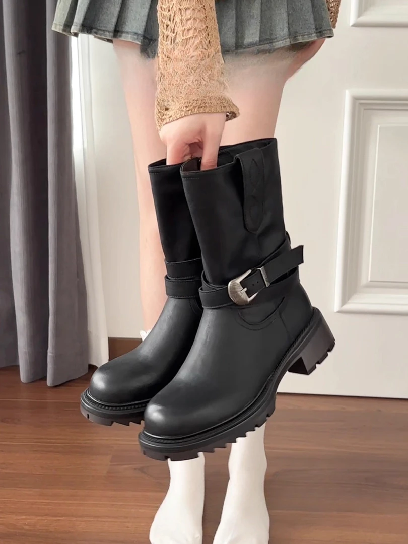 森唔~牛皮美拉德靴子复古风中筒靴女皮带扣短靴厚底马丁靴瘦瘦靴