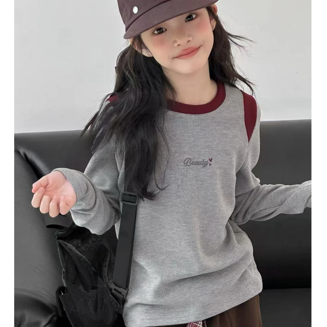 秋季新款女宝小众撞色设计感圆领长袖打底衫上衣