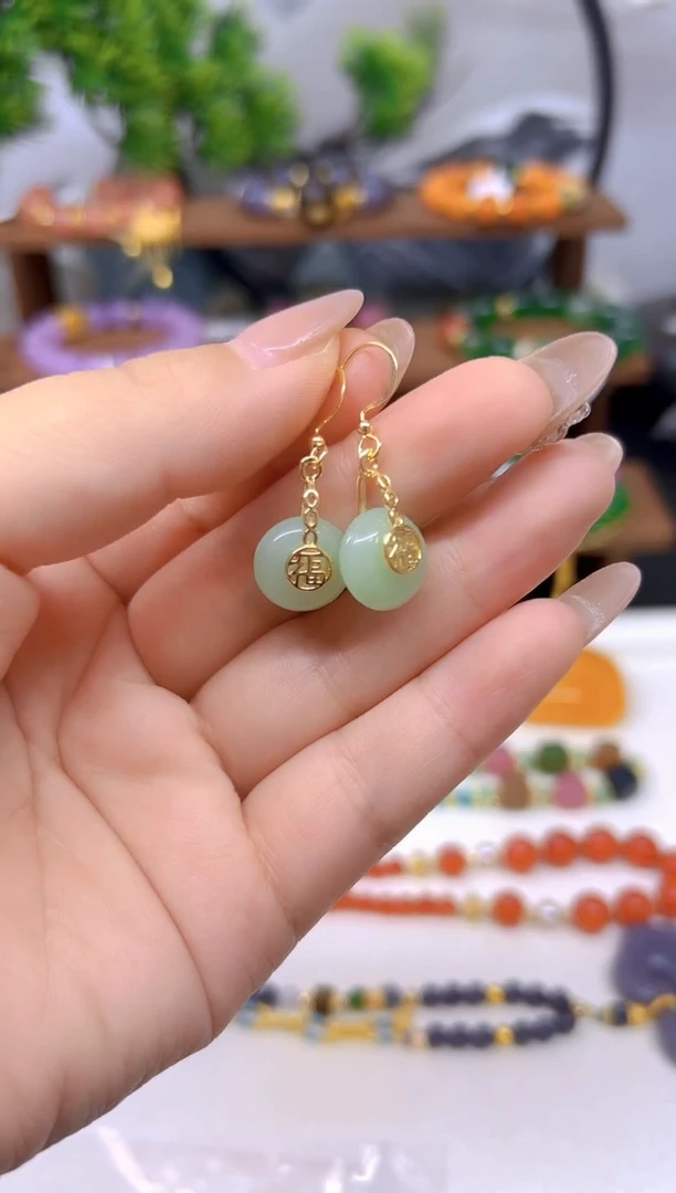 和田玉14K金镶嵌耳饰E397