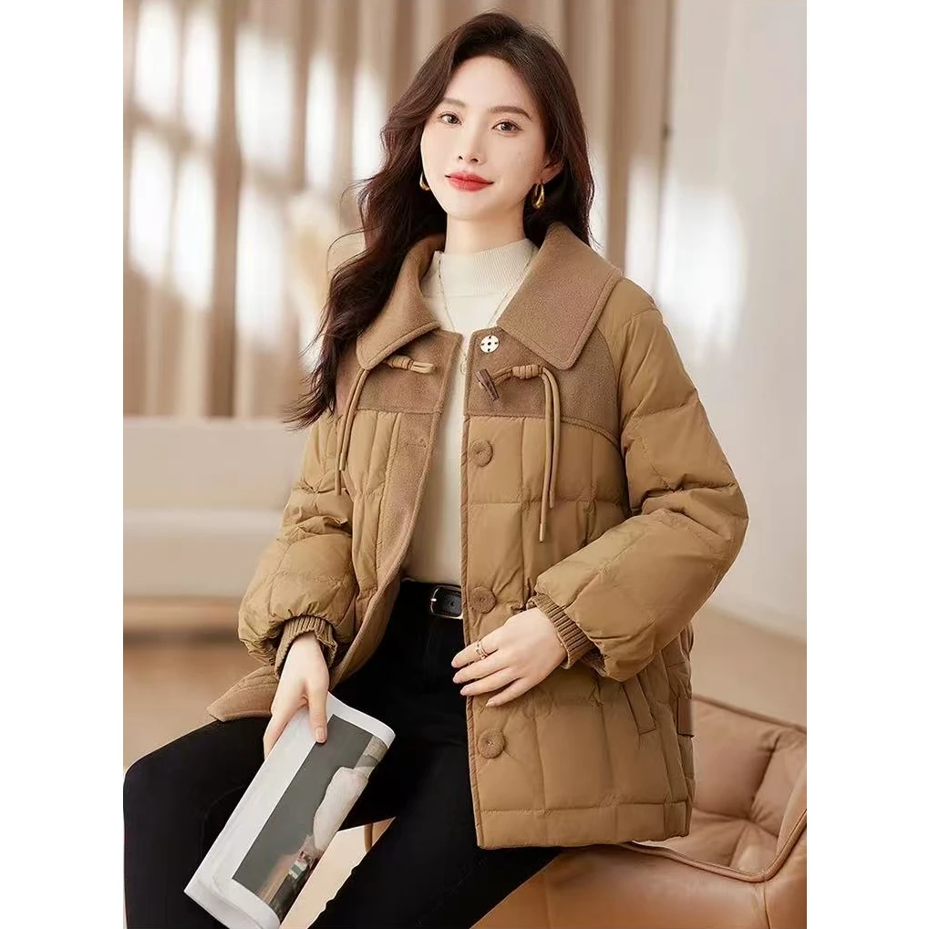 Y260宽松型时尚女装潮流女士外套百搭呢子拼接羽绒外套