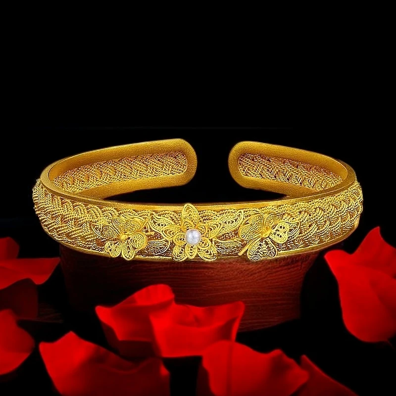 【正品】DIY金色莲花开福来新中式复古花丝古典开口手环配件