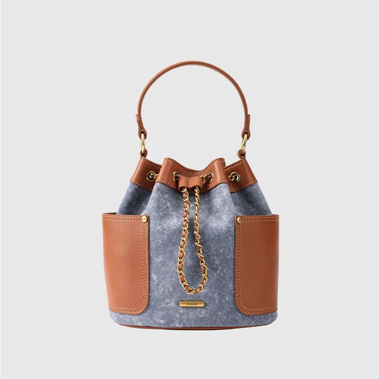 HONGU/红谷牛仔手拎斜挎包抽绳水桶包小众撞色拼色百搭时尚