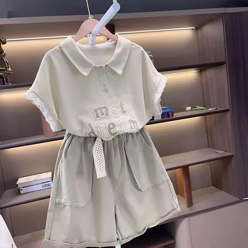 女童polo领短袖短裤套装2025夏季初中生蕾丝刺绣T恤卷边五分中裤9