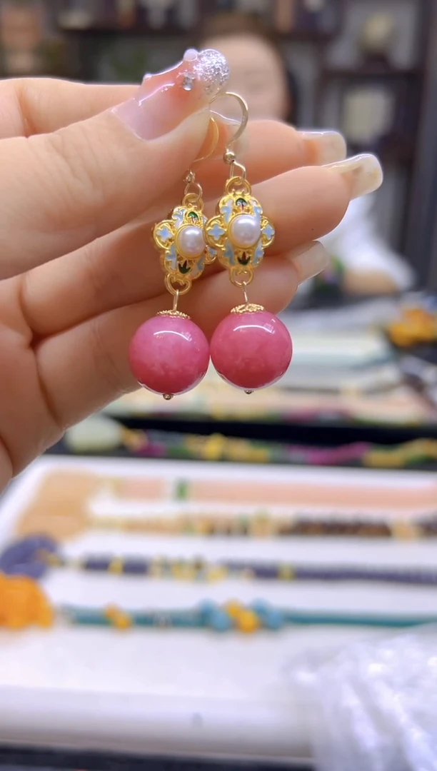 菱锰矿（红纹石）14K金镶嵌耳饰DIY款E798