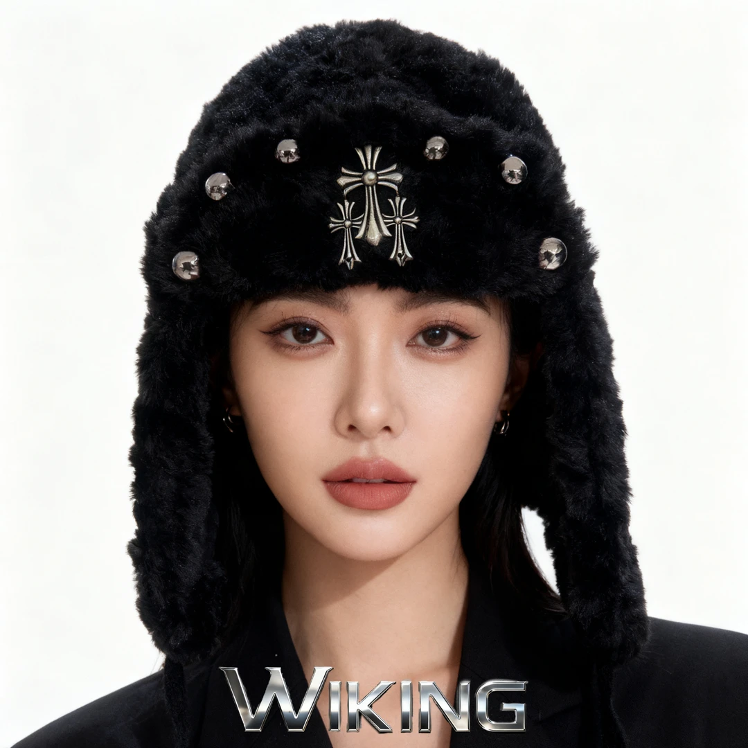 王大嘴原创 ”黑白灰珠“秋冬超酷保暖毛绒枪灰半珠护耳帽M131