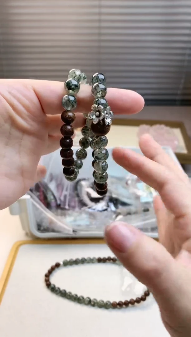 【闪购商品】水晶珠宝半成品未镶嵌绿发云母檀木双圈