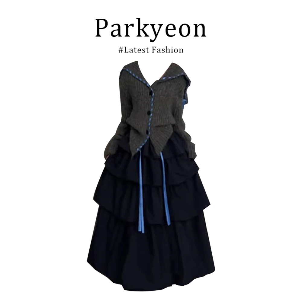 parkyeon美式独特飘带大翻领针织开衫女2025秋季时尚蛋糕裙两件套