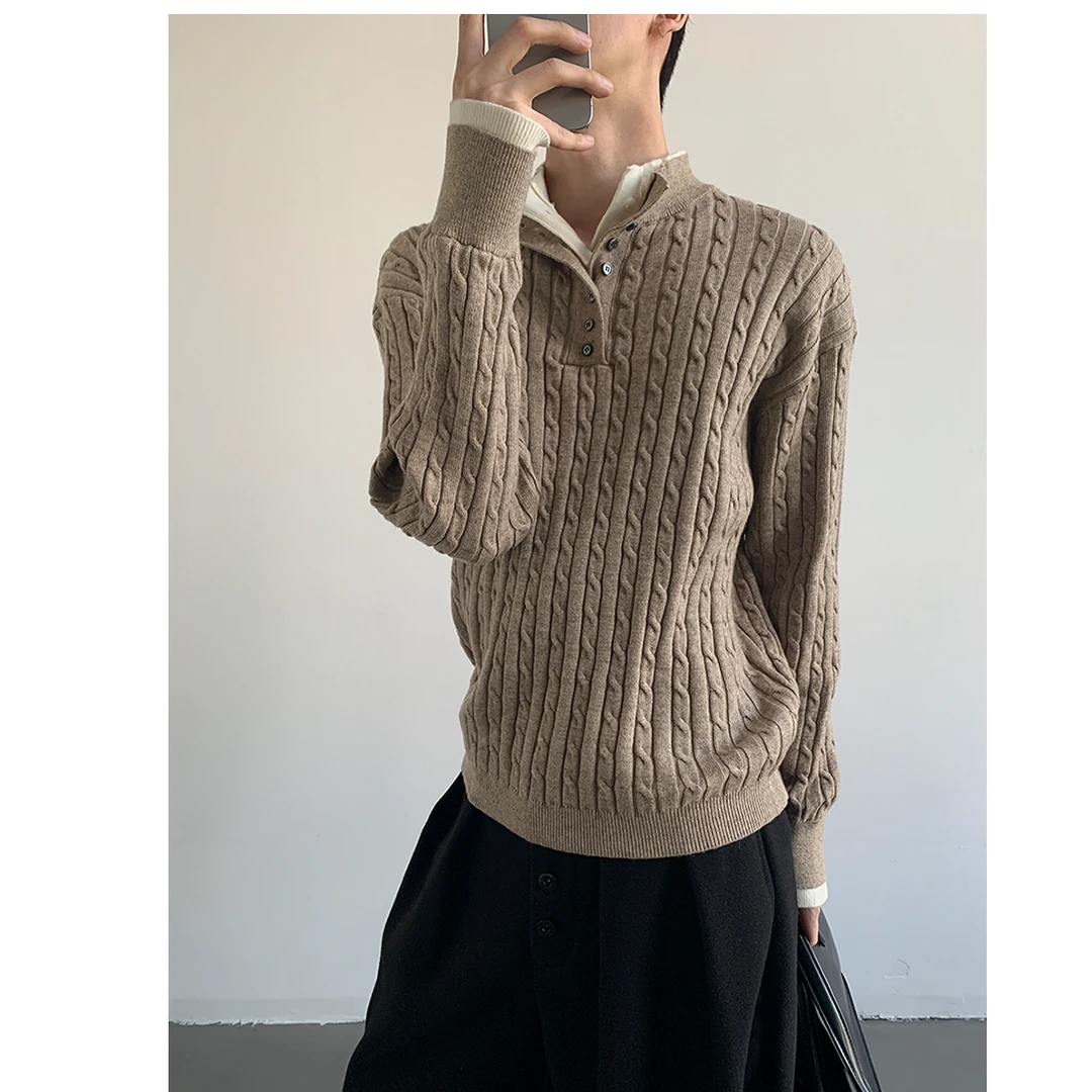 ZOCI新款秋冬设计感假两件立领针织衫拼接麻花冬季毛衣男女款