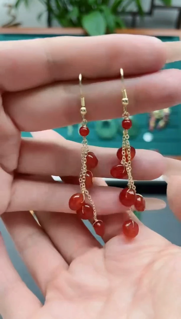 【闪购商品】南红玛瑙耳饰银S925镀金镶嵌1算盘珠红