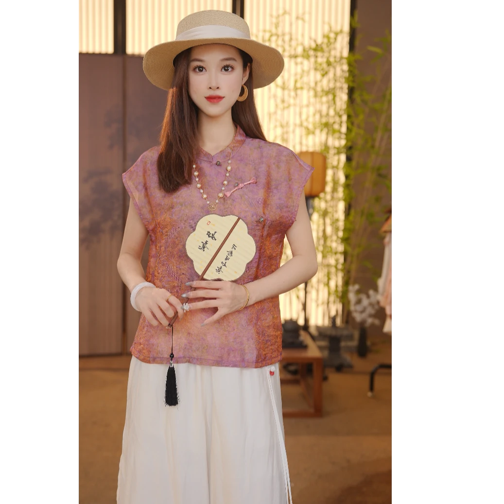 CJ 【紫罗】新中式2025夏季气质百搭提花立领短袖上衣女YY25061802