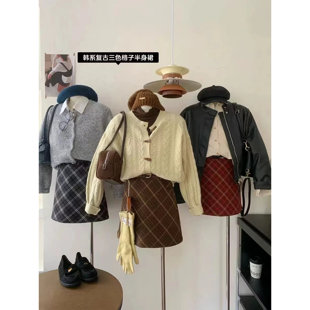 「国潮®原创」复古毛呢撞色格子短裙高腰法式辣妹包臀A字格纹半身裙