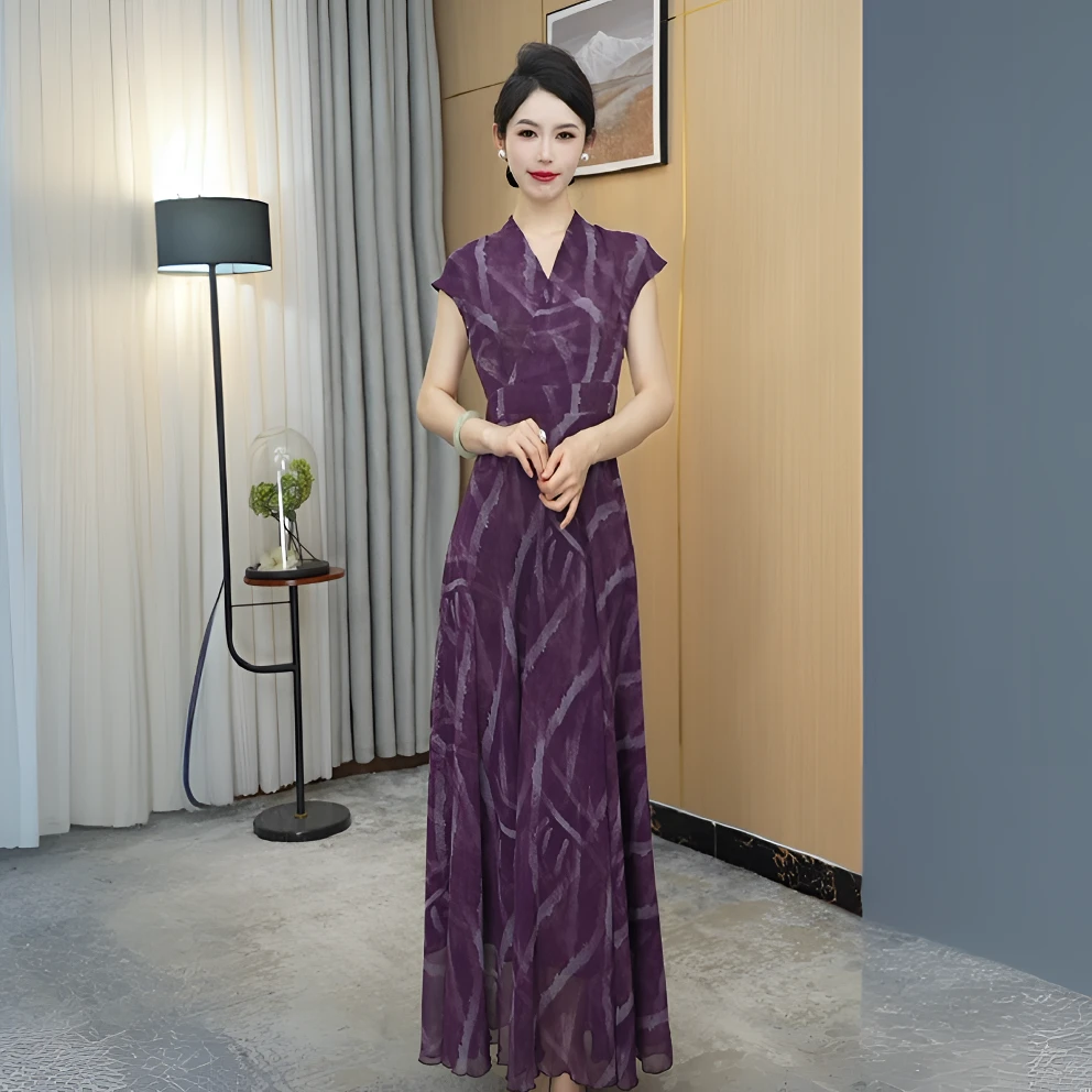 2025夏季高腰不褪色紫色连衣裙时尚提花大摆裙长裙气质优雅显瘦