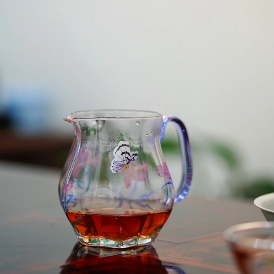 物肆手工手绘高硼硅玻璃鸢尾花公道杯耐高温蝶恋花蝴蝶公道分茶器