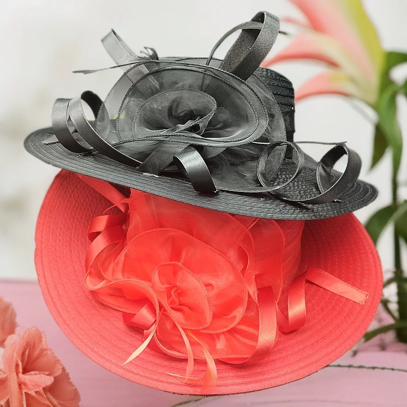 帽语®春夏秋 英伦优雅欧根纱羽毛花朵大沿遮阳帽时装帽HSMM00015