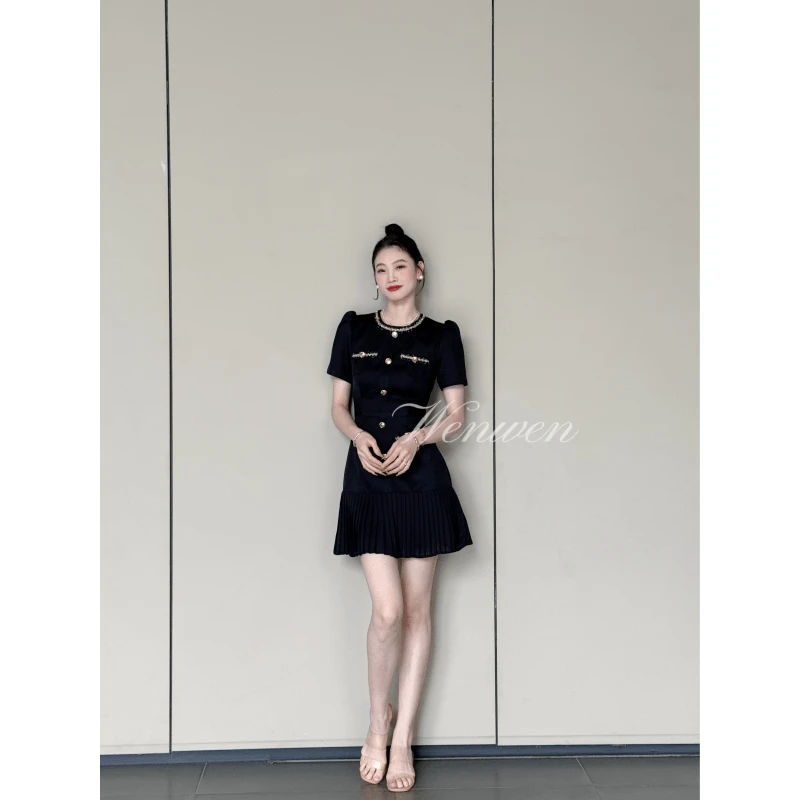 TANS【奥汀日记】黑色收腰设计感小个子时尚气质裙子连衣裙