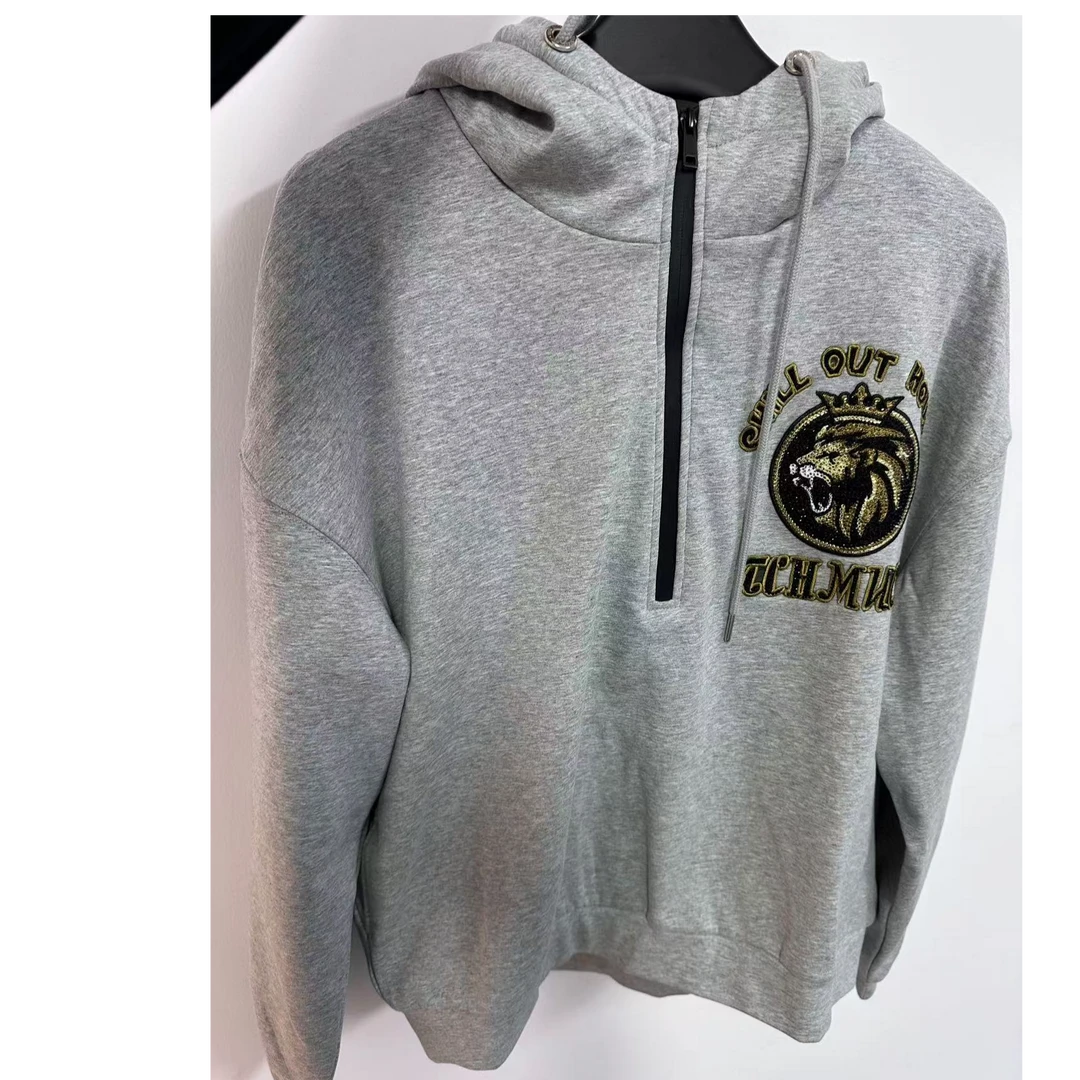 DC时尚潮流灰色连帽狮子烫钻帽衫卫衣T21312C6006