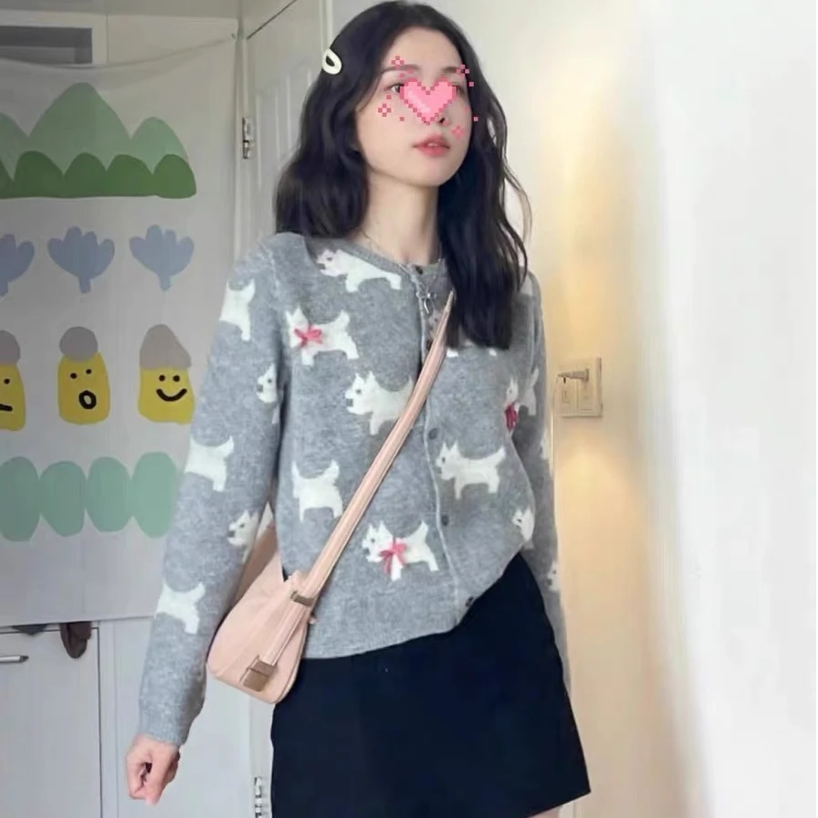 【青苍 婷哥定制】CCC11274秋季新款蝴蝶结小狗圆领针织开衫