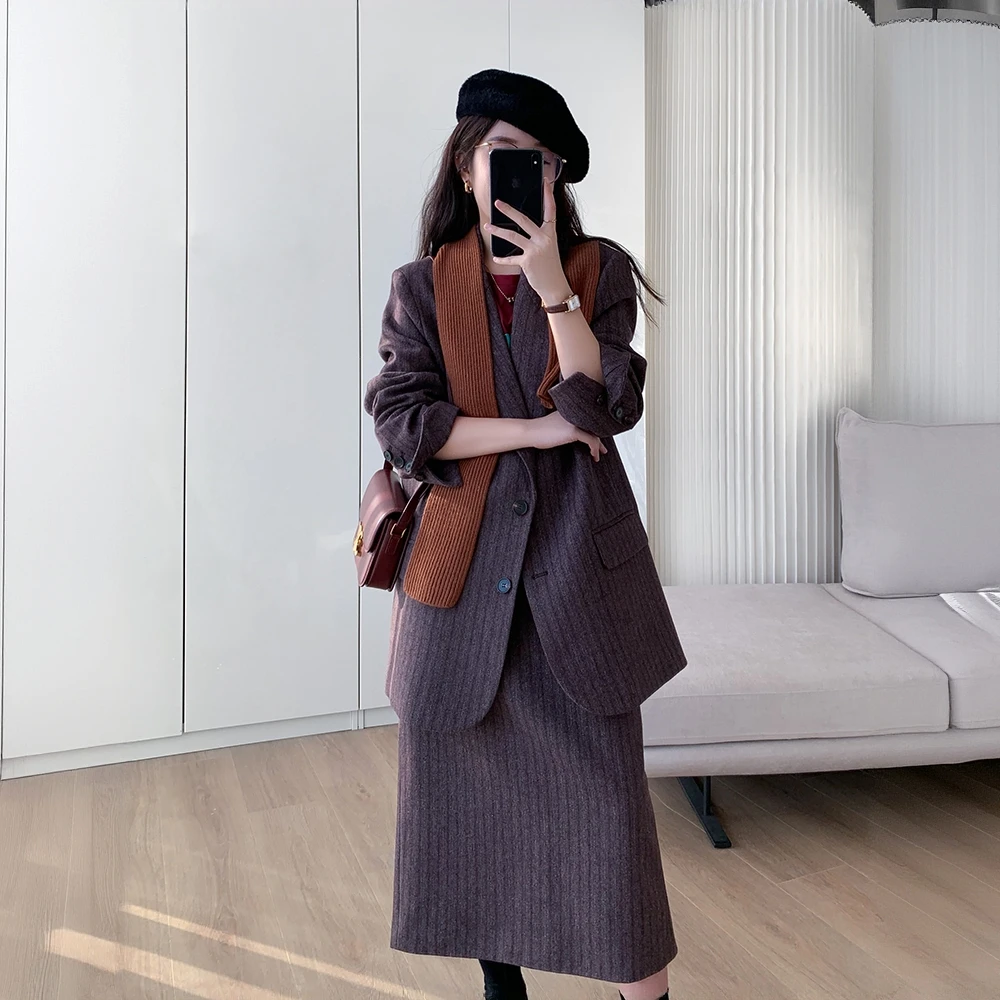 小香风复古时尚套装女2026春季新款通勤简约呢子外套半身裙两件套