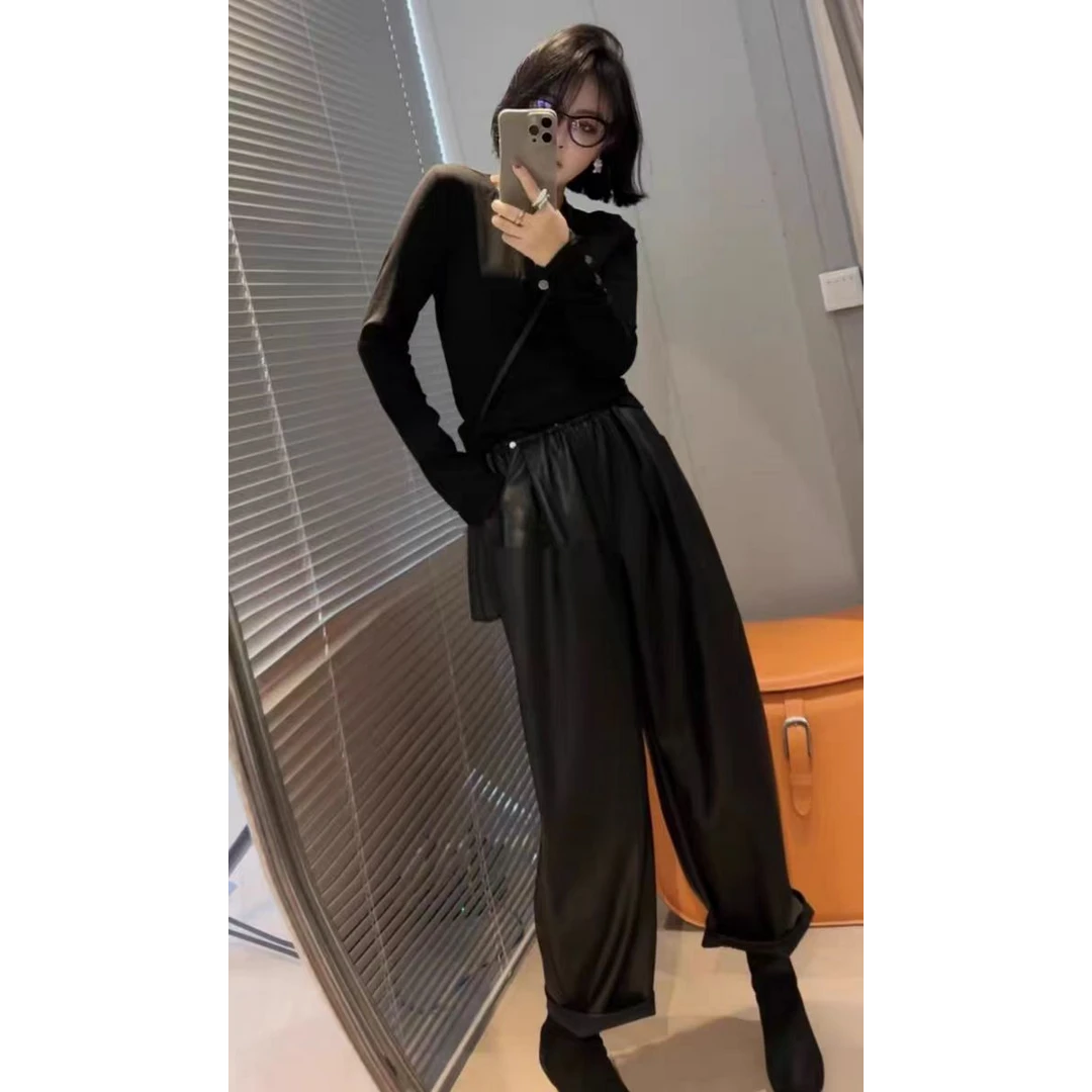 欧洲站2025新款欧货时尚洋气松紧腰贝壳扣设计微垮（蛋白皮老爹裤）