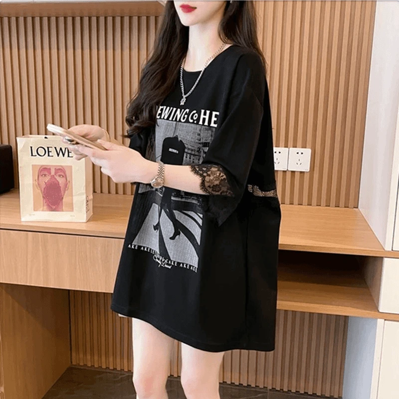 设计感小众中长款纯棉短袖t恤女夏季新款大码宽松蕾丝拼接上衣潮