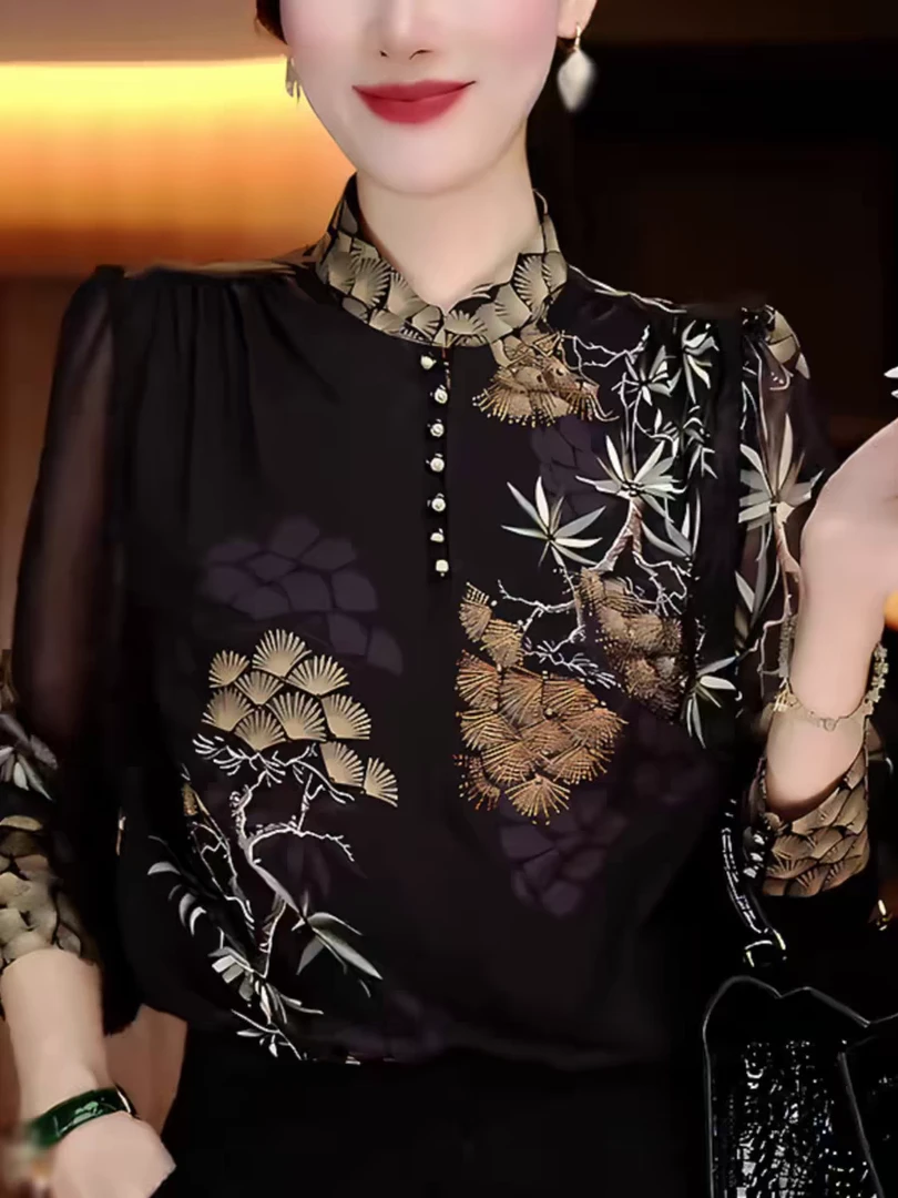 2025秋季宽松显瘦气质高级感印花立领衬衫女百搭设计感长袖上衣
