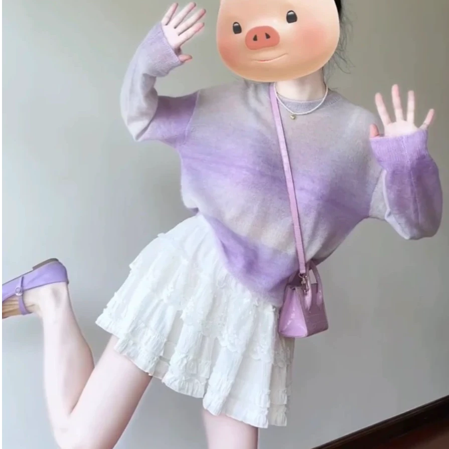 早秋松弛感穿搭一整套紫色渐变针织防晒上衣高腰蕾丝半身裙两件套