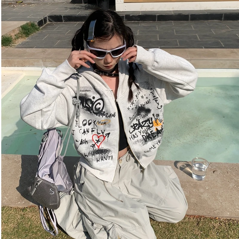 美式高街涂鸦连帽开衫卫衣女春秋显瘦外搭休闲外套上衣潮个性街头